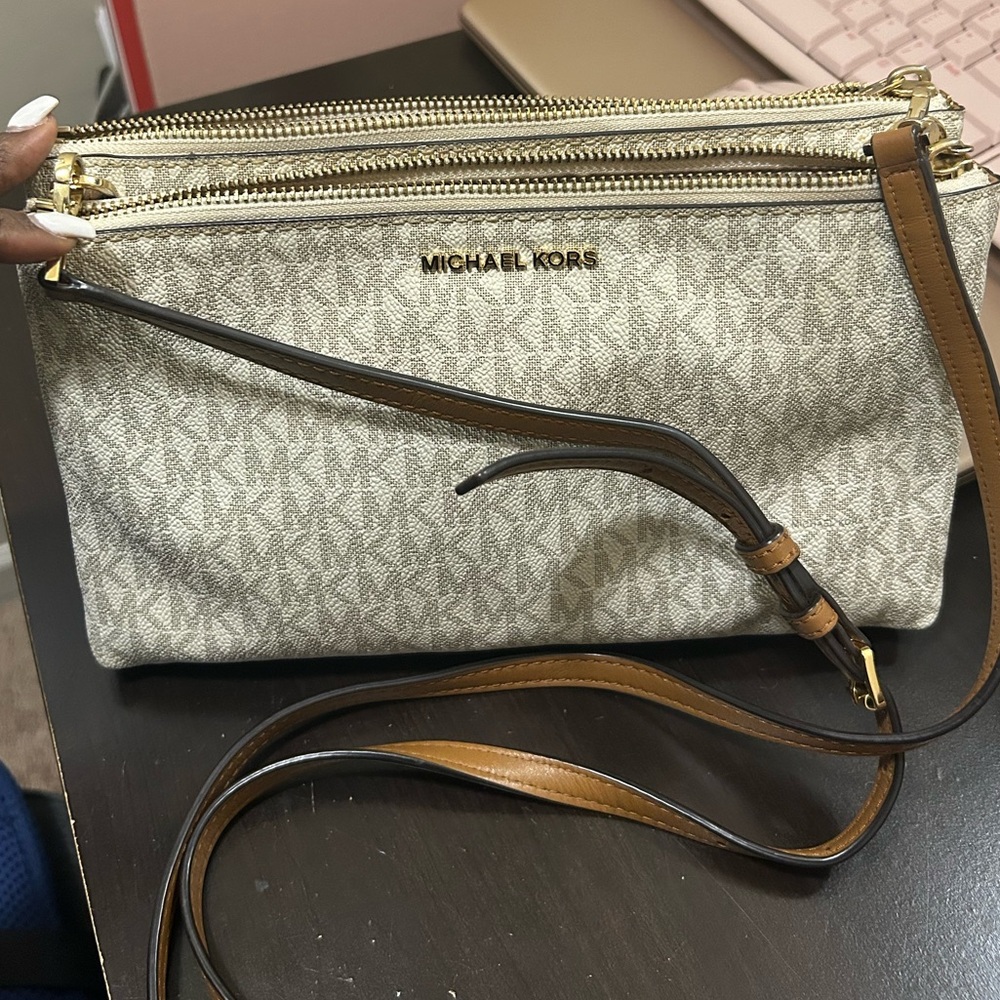 Michael Kors Monogram Beige and Brown Crossbody Bag